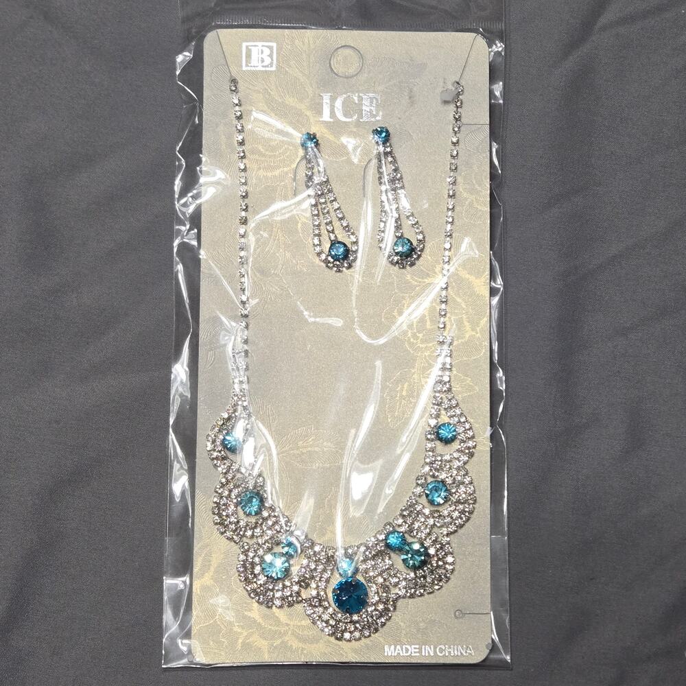 Silver & Blue Rhinestone Crystal Necklace & Dangle Earring Set